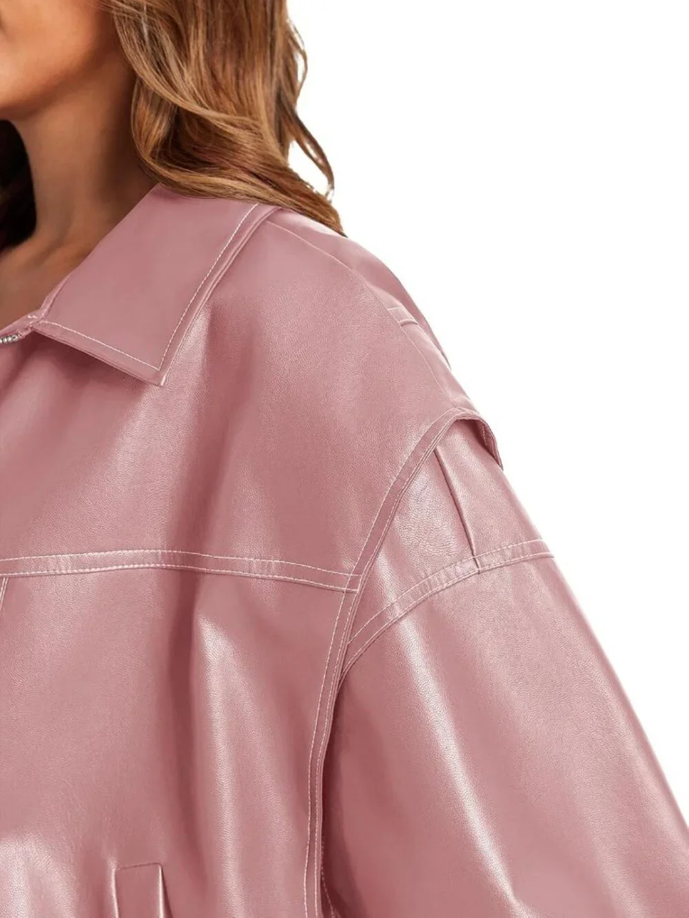 Women's Pink Oversized Faux Leather Bomber Jacket Motorcycle ZIP Up Coat
